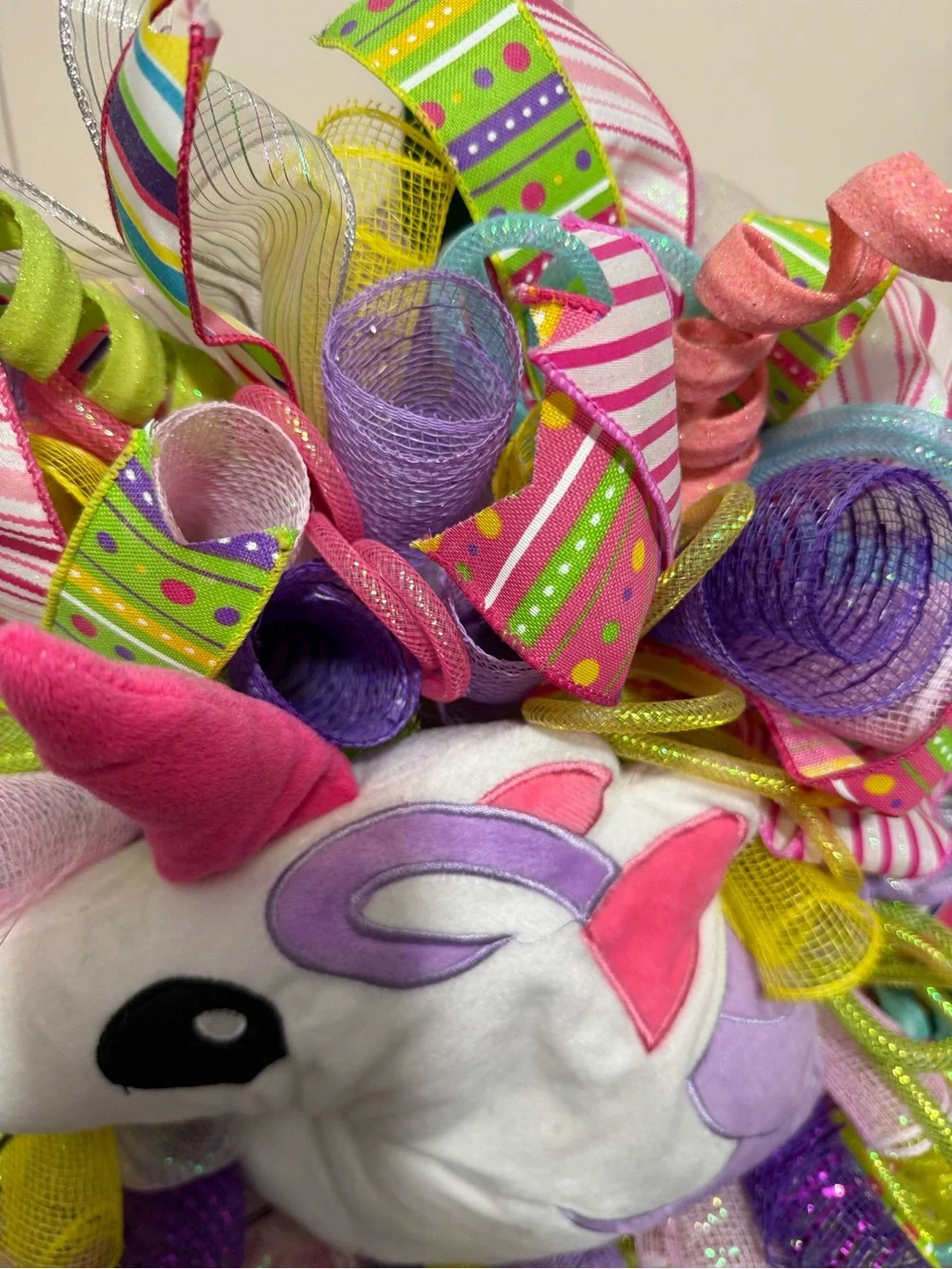 Handmade Unicorn Plush Deco Wreath - Colorful Ribbon Party Decor